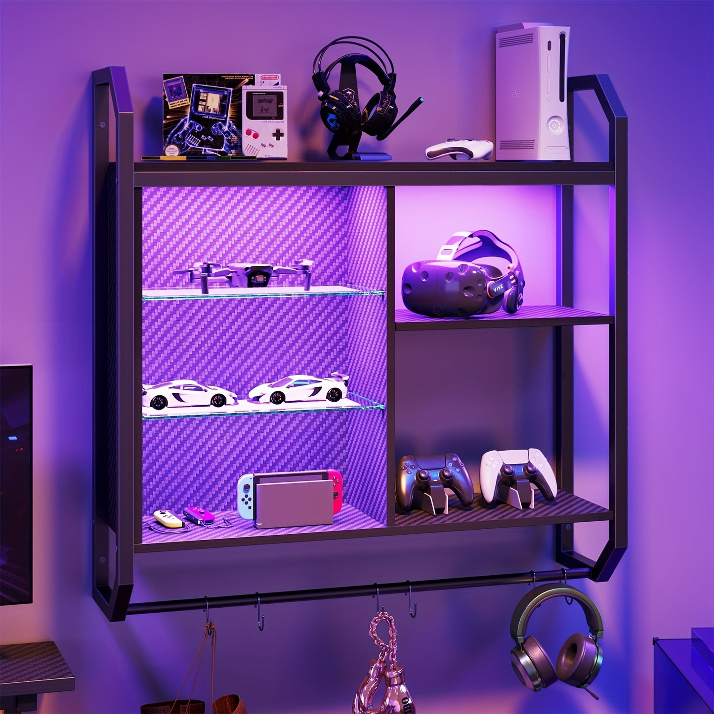 Gaming LED Wall Shelf – 34" Lighted Display Rack with Glass & Hooks