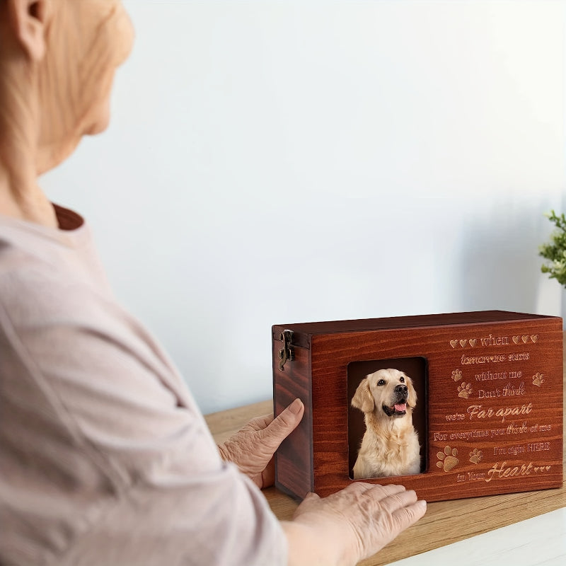 Wooden Pet Urn with Photo Frame – Memorial Box for Dog or Cat Ashes
