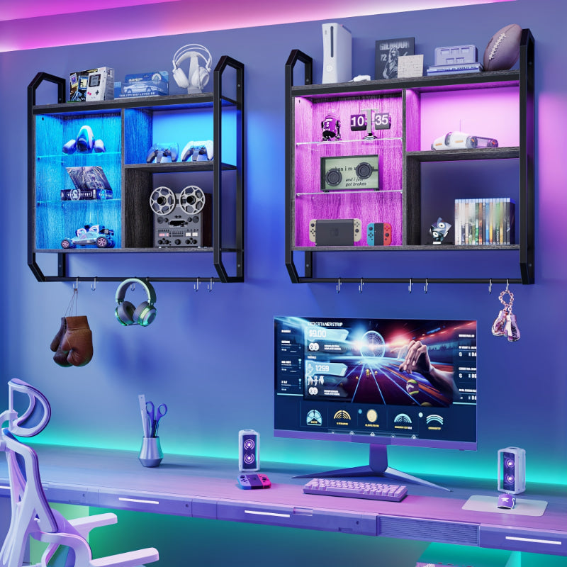 Gaming LED Wall Shelf – 34" Lighted Display Rack with Glass & Hooks