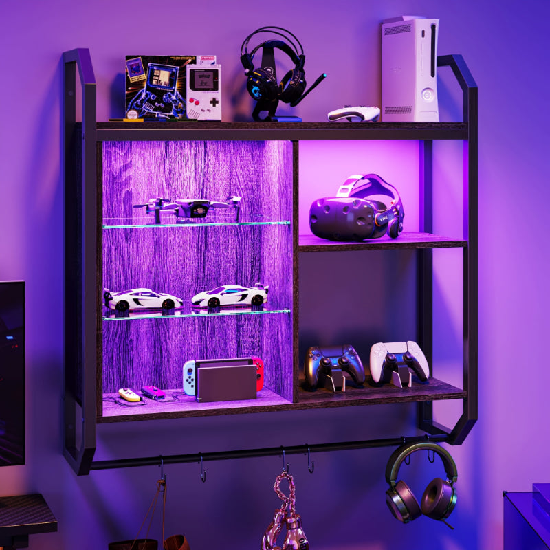 Gaming LED Wall Shelf – 34" Lighted Display Rack with Glass & Hooks