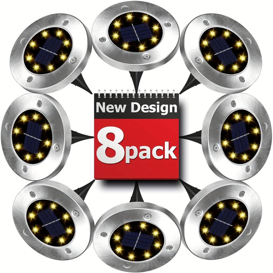 4/8pcs Solar Powered LED Ground Spot Lights - Recessed Polished Stainless Steel Lamp with 8 LEDs, Detachable, Semi-Flush Mount, Nickel Battery, and Installation Hardware - Energy-Efficient Pathway Lighting for Yard, Walkway, Patio, and Lawn