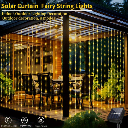 Solar-Powered LED Curtain String Lights - Waterproof, 8 Modes - Ideal for Parties, Weddings, and Garden Decor - Multiple Color Options Available