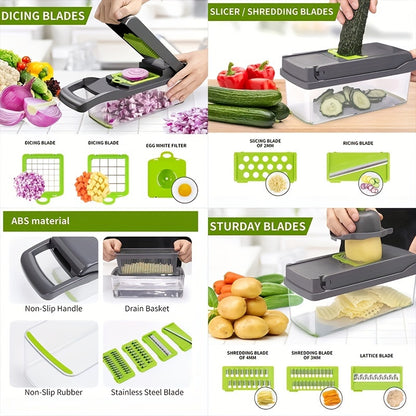 15-Piece Premium Multifunctional Vegetable Chopper Set - Effortless Food Prep with Interchangeable Blades, Container, and Grater - Durable ABS, Manual, Space-Saving Kitchen Gadget