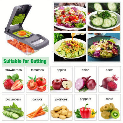 15-Piece Premium Multifunctional Vegetable Chopper Set - Effortless Food Prep with Interchangeable Blades, Container, and Grater - Durable ABS, Manual, Space-Saving Kitchen Gadget