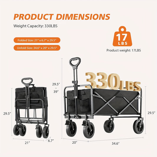 330LBS Heavy-Duty 1pc Collapsible Foldable Wagon Cart - All-Terrain Utility Cart with Stainless Steel Frame for Beach, Lawn, Sports, Camping - Black, 30 Wide