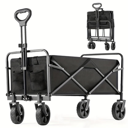 330LBS Heavy-Duty 1pc Collapsible Foldable Wagon Cart - All-Terrain Utility Cart with Stainless Steel Frame for Beach, Lawn, Sports, Camping - Black, 30 Wide