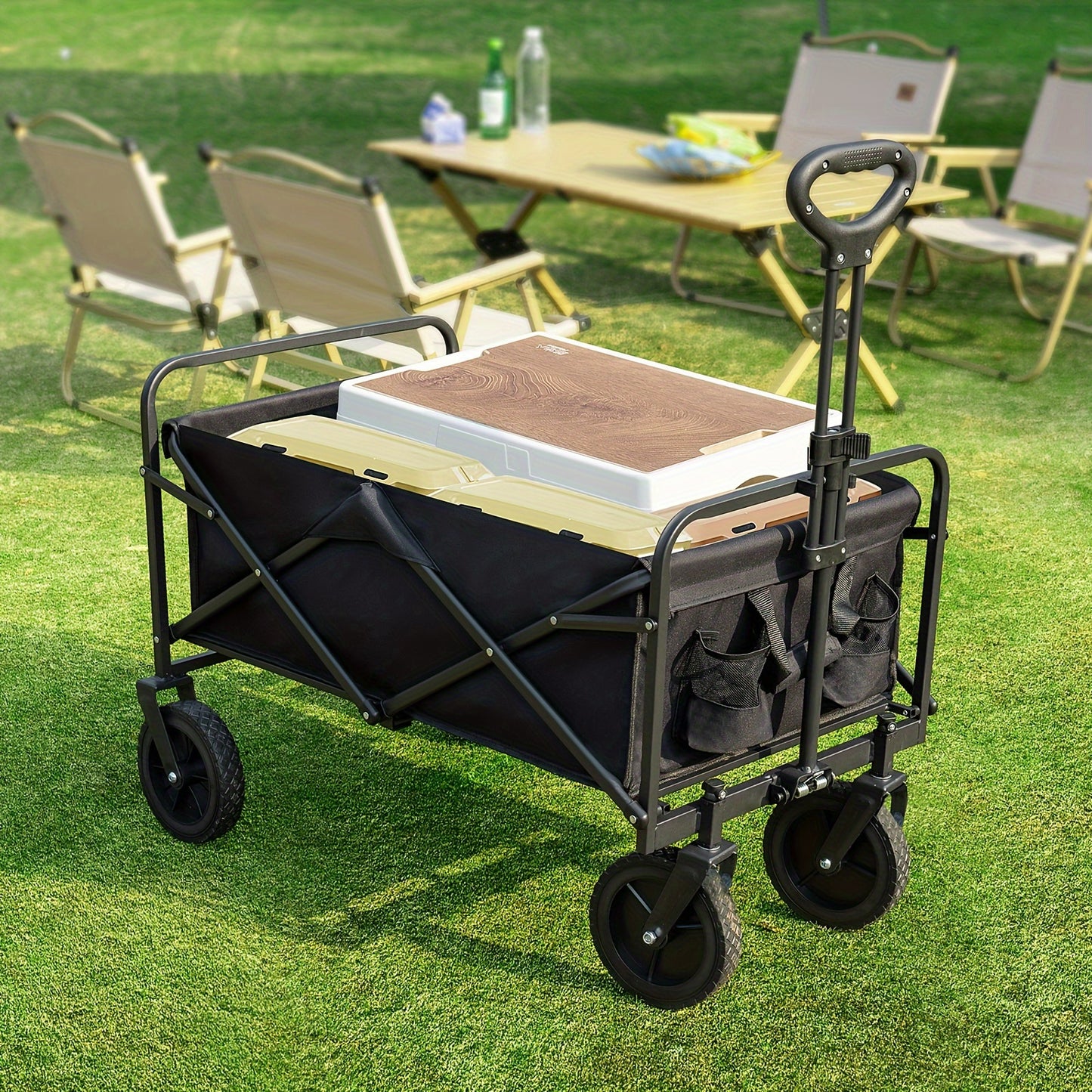 330LBS Heavy-Duty 1pc Collapsible Foldable Wagon Cart - All-Terrain Utility Cart with Stainless Steel Frame for Beach, Lawn, Sports, Camping - Black, 30 Wide