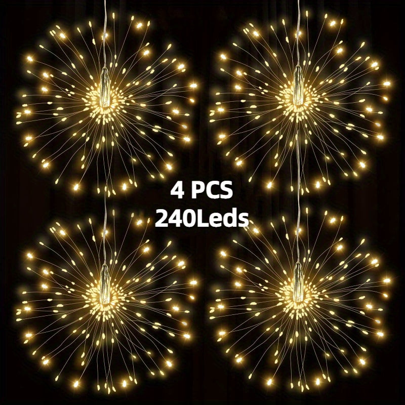 4-Pack Solar LED Firework Lights - Starburst 240/360/480 LEDs, Waterproof with Remote, 8 Lighting Modes - Perfect Outdoor Decoration for Garden, Patio, Christmas (Warm White)