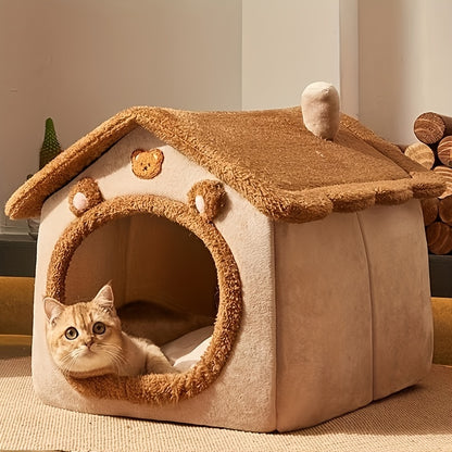 Cozy Pet Bed House for Cats - Removable & Washable Winter Warm Cat Bed - Soft and Comfortable Puppy Cave Nest