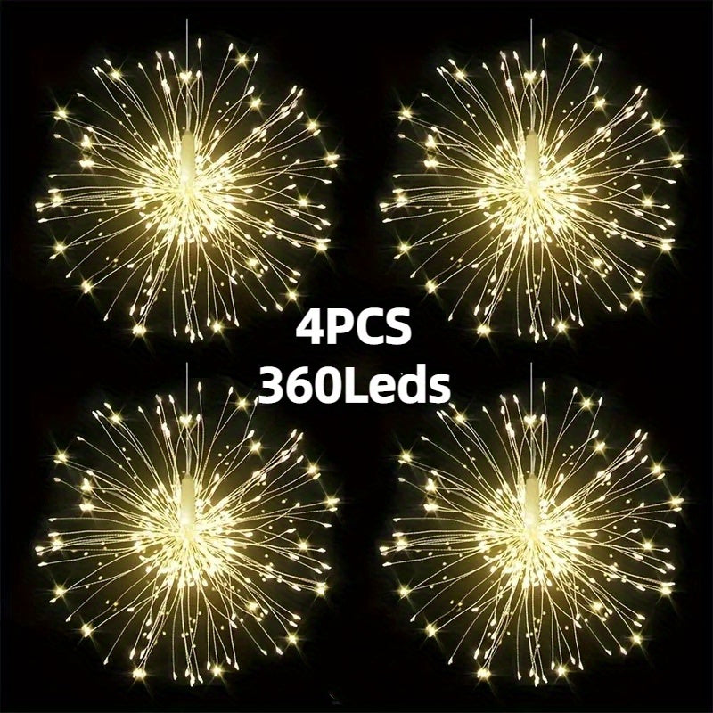 4-Pack Solar LED Firework Lights - Starburst 240/360/480 LEDs, Waterproof with Remote, 8 Lighting Modes - Perfect Outdoor Decoration for Garden, Patio, Christmas (Warm White)