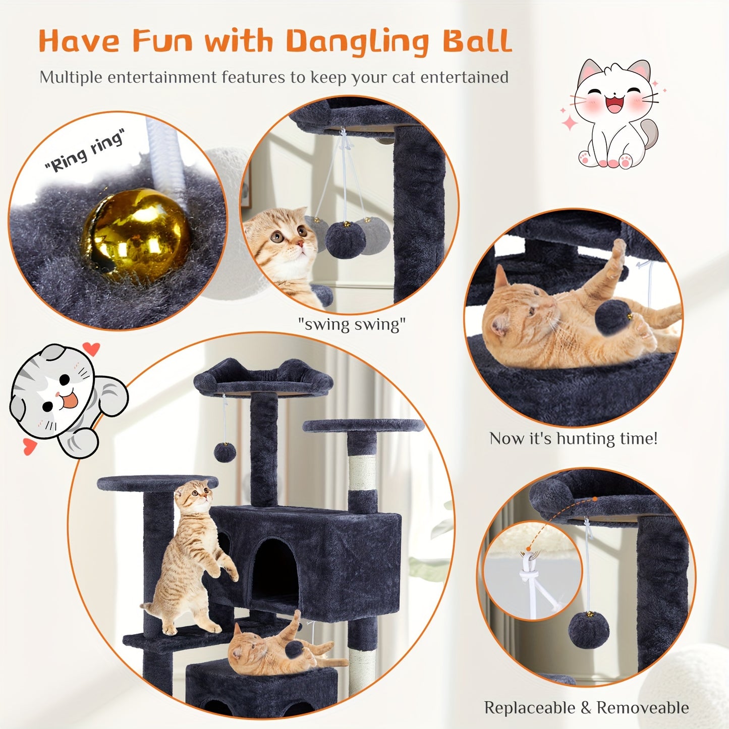 54in Cat Tree Tower - Luxurious Multi-Level Condo for Indoor Cats - Includes Sisal Scratching Post, Climbing Plate, Cozy Hideaways, and Plush Dangling Ball for Kitty Playtime