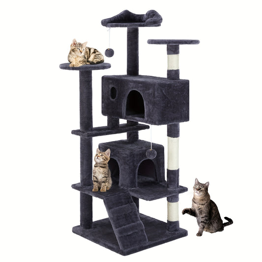 54in Cat Tree Tower - Luxurious Multi-Level Condo for Indoor Cats - Includes Sisal Scratching Post, Climbing Plate, Cozy Hideaways, and Plush Dangling Ball for Kitty Playtime