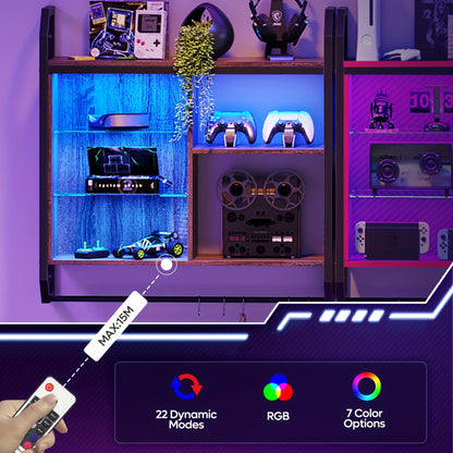 Gaming LED Wall Shelf – 34" Lighted Display Rack with Glass & Hooks