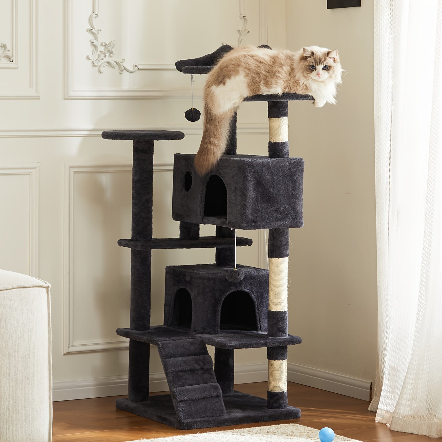 54in Cat Tree Tower - Luxurious Multi-Level Condo for Indoor Cats - Includes Sisal Scratching Post, Climbing Plate, Cozy Hideaways, and Plush Dangling Ball for Kitty Playtime