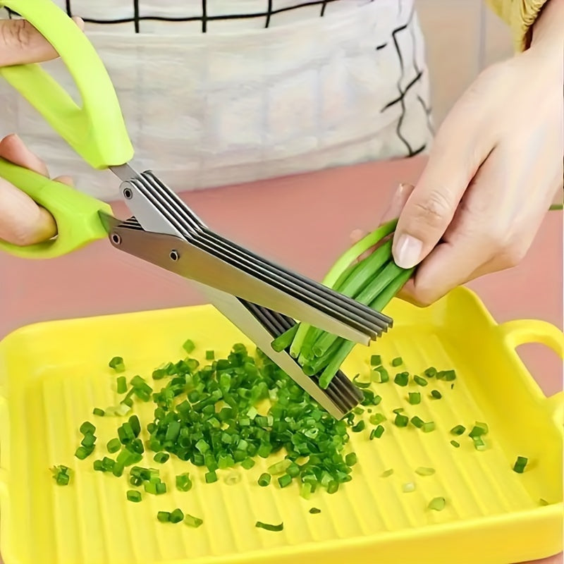 5-Layered Stainless Steel Kitchen Scissors - Versatile Onion & Herb Shredder for BBQ & Indoor Use - Durable, Safe with Protective Cover & Built-in Cleaner