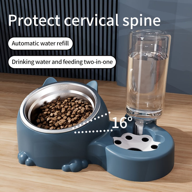 Elevated Cat Double Bowls with Automatic Water Dispenser - Anti-Overturning Stainless Steel Food and Water Bowls - Inclined Design for Neck Protection