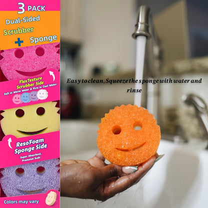 3-Piece Dual-Sided Kitchen Sponges - Temperature Sensitive, Non-Scratch Cleaning Pads - Safe for Dishes & Multi-Surface Cleaning