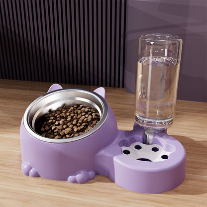 Elevated Cat Double Bowls with Automatic Water Dispenser - Anti-Overturning Stainless Steel Food and Water Bowls - Inclined Design for Neck Protection