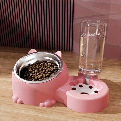 Elevated Cat Double Bowls with Automatic Water Dispenser - Anti-Overturning Stainless Steel Food and Water Bowls - Inclined Design for Neck Protection