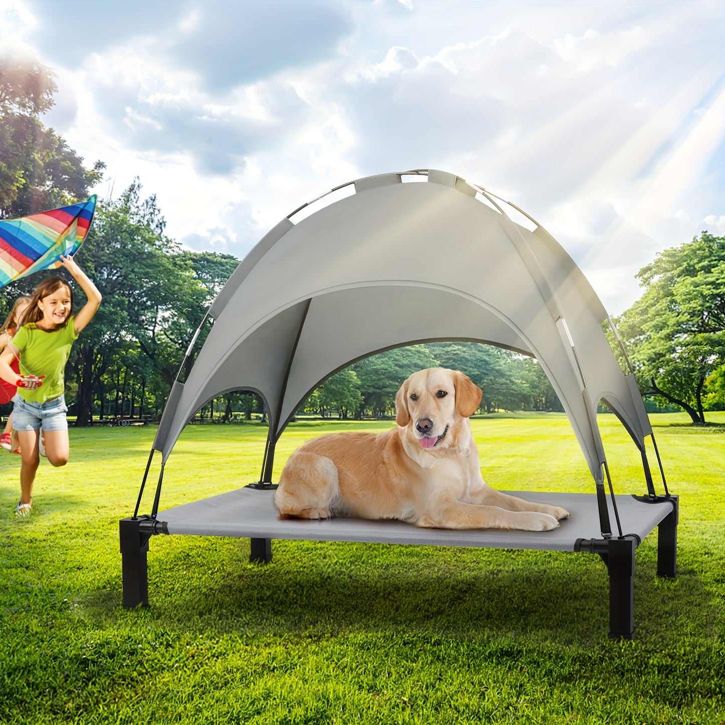 Elevated Dog Bed with Canopy - Outdoor Pet Cot with Removable Shade Tent - Portable Raised Cooling Bed for Dogs and Cats