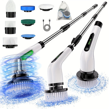 Cordless Electric Rotary Scrubber - Battery Level Indicator, 7 Interchangeable Brush Heads, Double Speed, Detachable Telescopic Handle - Ideal for Kitchen, Living Room, and Bathroom Cleaning