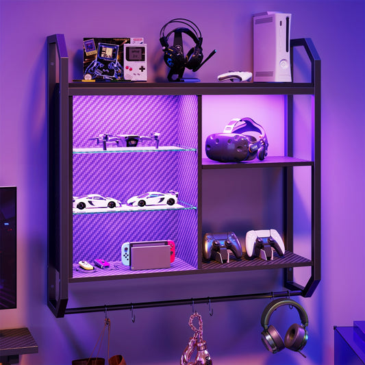 Gaming LED Wall Shelf – 34" Lighted Display Rack with Glass & Hooks