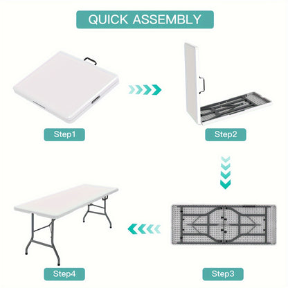 6FT Spacious Plastic Folding Table - Durable, Portable, and Easy-to-Store Dining Solution for Indoor and Outdoor Use - Perfect for Parties, Camping, and Daily Meals