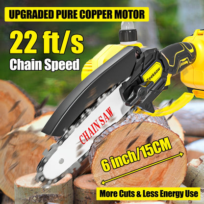 Mini Cordless Chainsaw 6-Inch with Automatic Oiler - Handheld Battery-Powered Chain Saw with Security Lock - Seniors Friendly