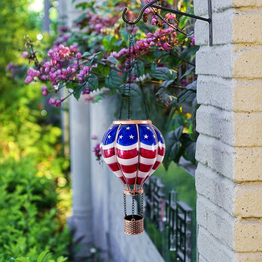 Authentic Hot Air Balloon Solar Lantern with Flickering LED Flame - Waterproof Outdoor Hanging Light for Garden, Yard, Patio - Rustic Charm for Holiday Decor - American Flag Design