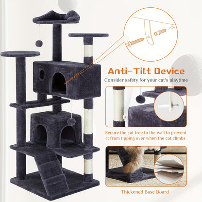 54in Cat Tree Tower - Luxurious Multi-Level Condo for Indoor Cats - Includes Sisal Scratching Post, Climbing Plate, Cozy Hideaways, and Plush Dangling Ball for Kitty Playtime