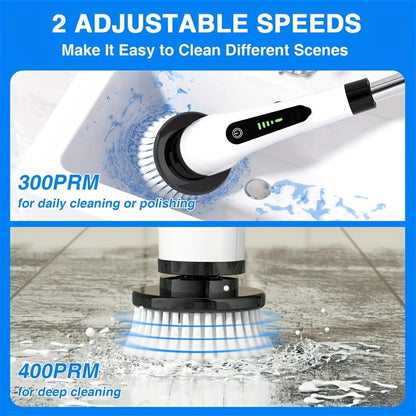 Cordless Electric Rotary Scrubber - Battery Level Indicator, 7 Interchangeable Brush Heads, Double Speed, Detachable Telescopic Handle - Ideal for Kitchen, Living Room, and Bathroom Cleaning