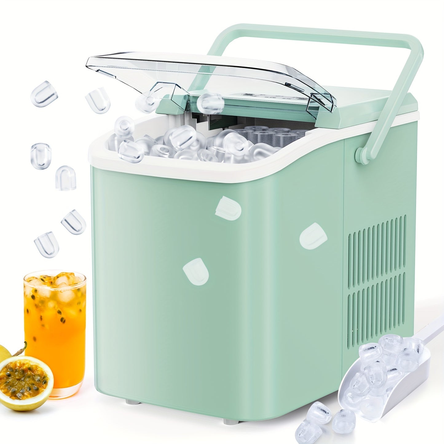 Portable Countertop Ice Maker - Nugget Ice Machine, 9 Bullet Cubes in 6 Mins, 26.5lbs in 24Hrs - Self-Cleaning with Handle, Basket, Scoop - Ideal for Home, Kitchen, Parties, Camping, RVs