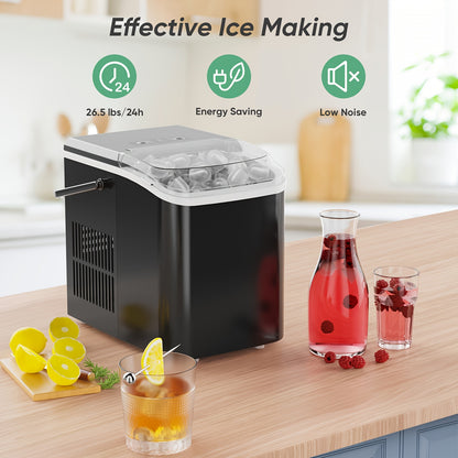 Portable Countertop Ice Maker - Nugget Ice Machine, 9 Bullet Cubes in 6 Mins, 26.5lbs in 24Hrs - Self-Cleaning with Handle, Basket, Scoop - Ideal for Home, Kitchen, Parties, Camping, RVs