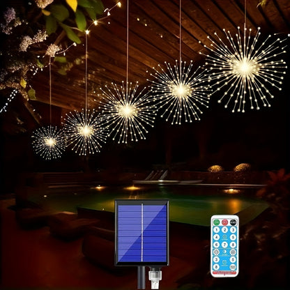 4-Pack Solar LED Firework Lights - Starburst 240/360/480 LEDs, Waterproof with Remote, 8 Lighting Modes - Perfect Outdoor Decoration for Garden, Patio, Christmas (Warm White)