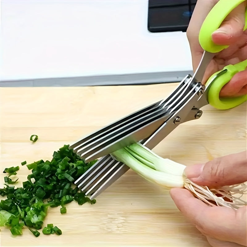 5-Layered Stainless Steel Kitchen Scissors - Versatile Onion & Herb Shredder for BBQ & Indoor Use - Durable, Safe with Protective Cover & Built-in Cleaner