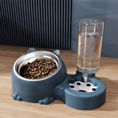 Elevated Cat Double Bowls with Automatic Water Dispenser - Anti-Overturning Stainless Steel Food and Water Bowls - Inclined Design for Neck Protection