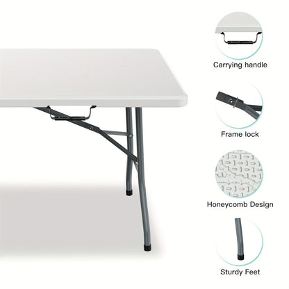 6FT Spacious Plastic Folding Table - Durable, Portable, and Easy-to-Store Dining Solution for Indoor and Outdoor Use - Perfect for Parties, Camping, and Daily Meals