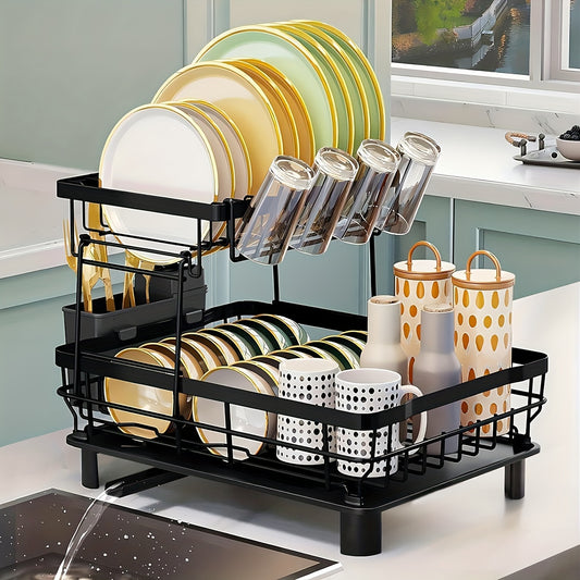 2-Layer Dish Drying Rack - Spacious Kitchen Counter Storage with Efficient Metal Bowl and Dish Drying, Convenient Knife Cup Holder, and Ample Tableware Organization - Sturdy 2-Layer Design for Maximum Capacity