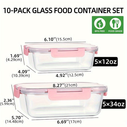 10-Piece Elegant Glass Meal Prep Set - Airtight, Leak-Proof Containers with Microwave-to-Table, Stackable Design - BPA-Free Food Storage for Kitchen & Office Lunch Organization