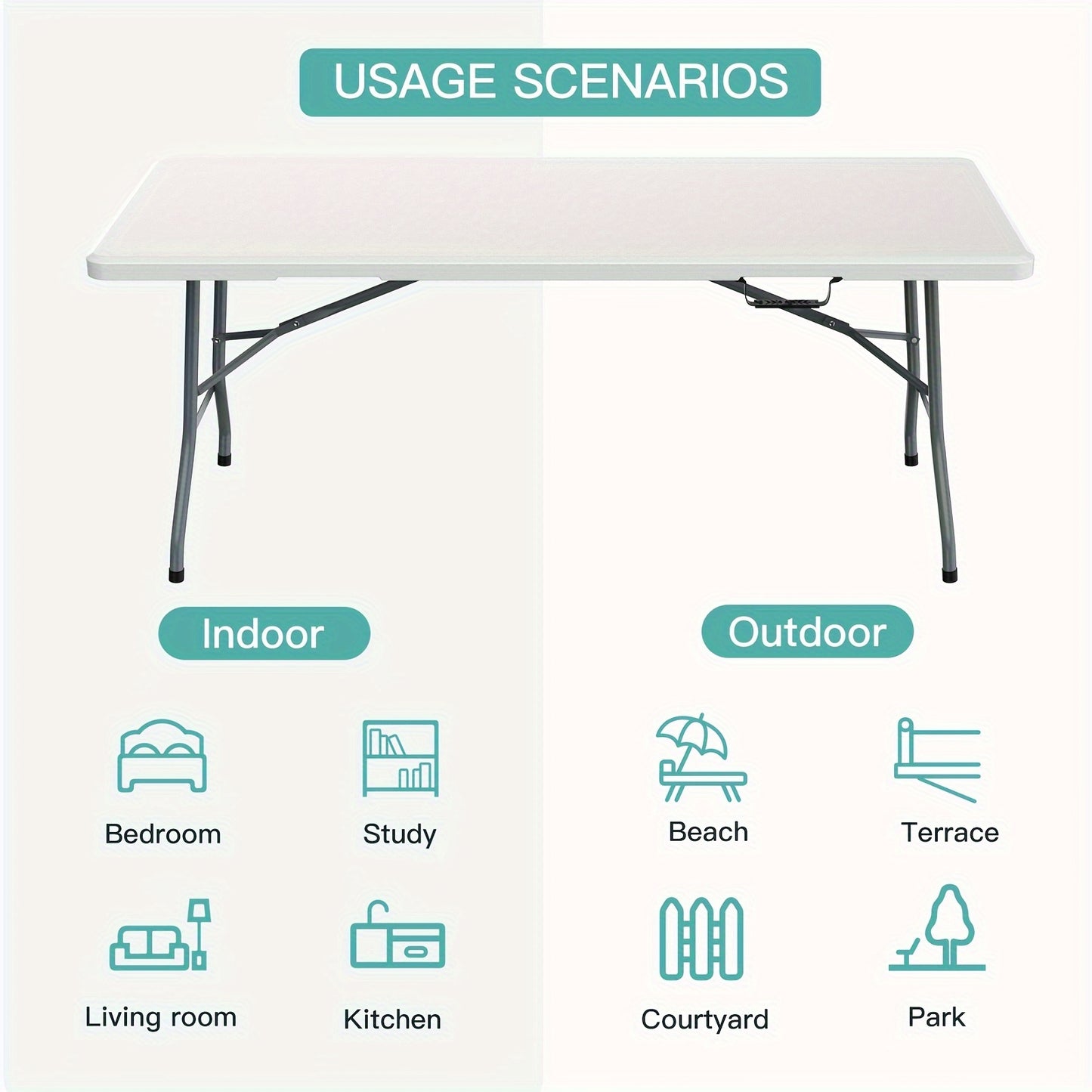 6FT Spacious Plastic Folding Table - Durable, Portable, and Easy-to-Store Dining Solution for Indoor and Outdoor Use - Perfect for Parties, Camping, and Daily Meals