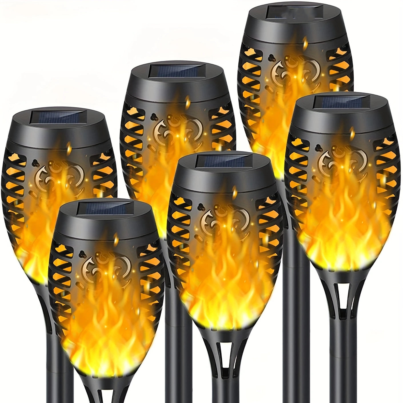 6pcs, Waterproof Solar Outdoor Flame Torch Lights, LED Torches With Flickering Flames, Halloween Decorations Lights Outdoor, For Christmas Halloween Garden Yard Patio, Auto On/Off