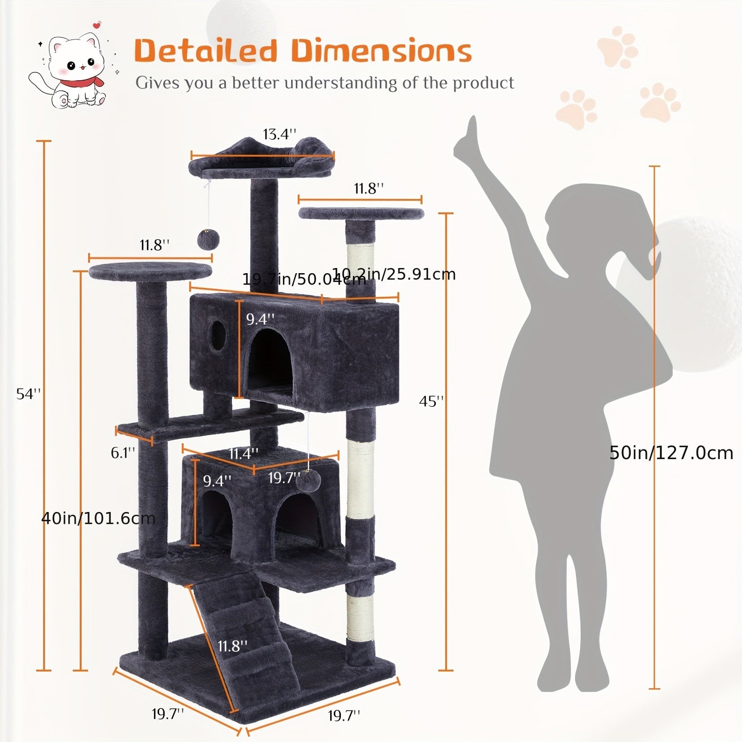 54in Cat Tree Tower - Luxurious Multi-Level Condo for Indoor Cats - Includes Sisal Scratching Post, Climbing Plate, Cozy Hideaways, and Plush Dangling Ball for Kitty Playtime