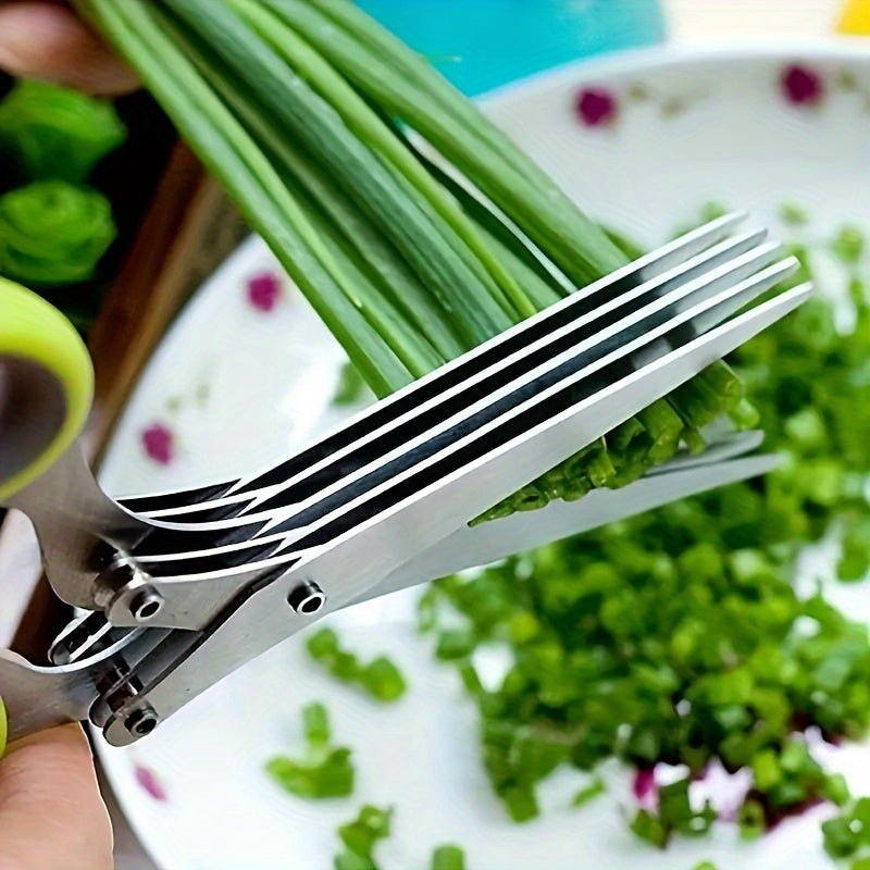 5-Layered Stainless Steel Kitchen Scissors - Versatile Onion & Herb Shredder for BBQ & Indoor Use - Durable, Safe with Protective Cover & Built-in Cleaner