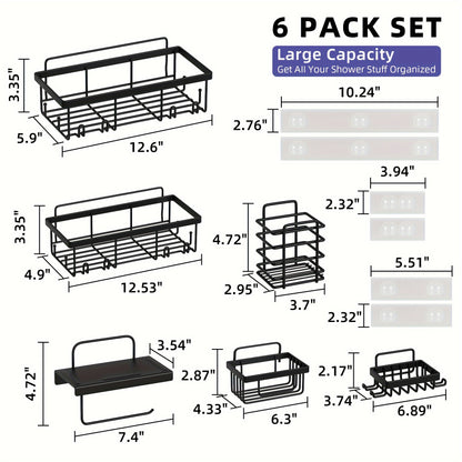 6-Pack Adhesive Shower Caddy Set - Includes Toilet Paper Holder, Soap Holder, Toothbrush Holder - No Drilling, Large 13-Inch Capacity - Bathroom and Kitchen Storage Organizer (Black)