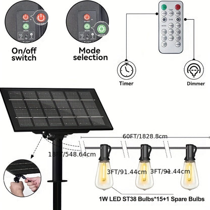 60FT/100FT Solar String Lights With USB Port & Remote Control Solar Patio Lights Long Last For Dimmable Solar Power LED Bulbs For Porch Garden Market Bistro