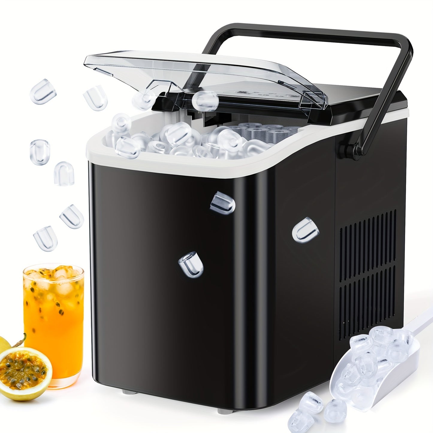 Portable Countertop Ice Maker - Nugget Ice Machine, 9 Bullet Cubes in 6 Mins, 26.5lbs in 24Hrs - Self-Cleaning with Handle, Basket, Scoop - Ideal for Home, Kitchen, Parties, Camping, RVs