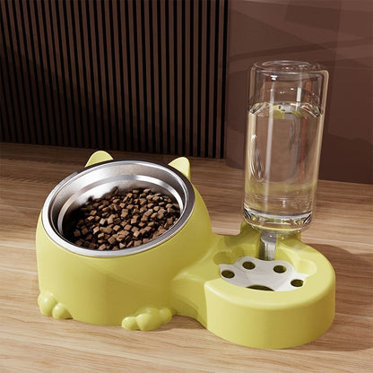 Elevated Cat Double Bowls with Automatic Water Dispenser - Anti-Overturning Stainless Steel Food and Water Bowls - Inclined Design for Neck Protection