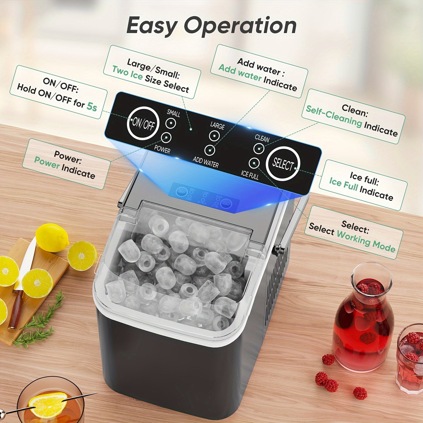 Portable Countertop Ice Maker - Nugget Ice Machine, 9 Bullet Cubes in 6 Mins, 26.5lbs in 24Hrs - Self-Cleaning with Handle, Basket, Scoop - Ideal for Home, Kitchen, Parties, Camping, RVs